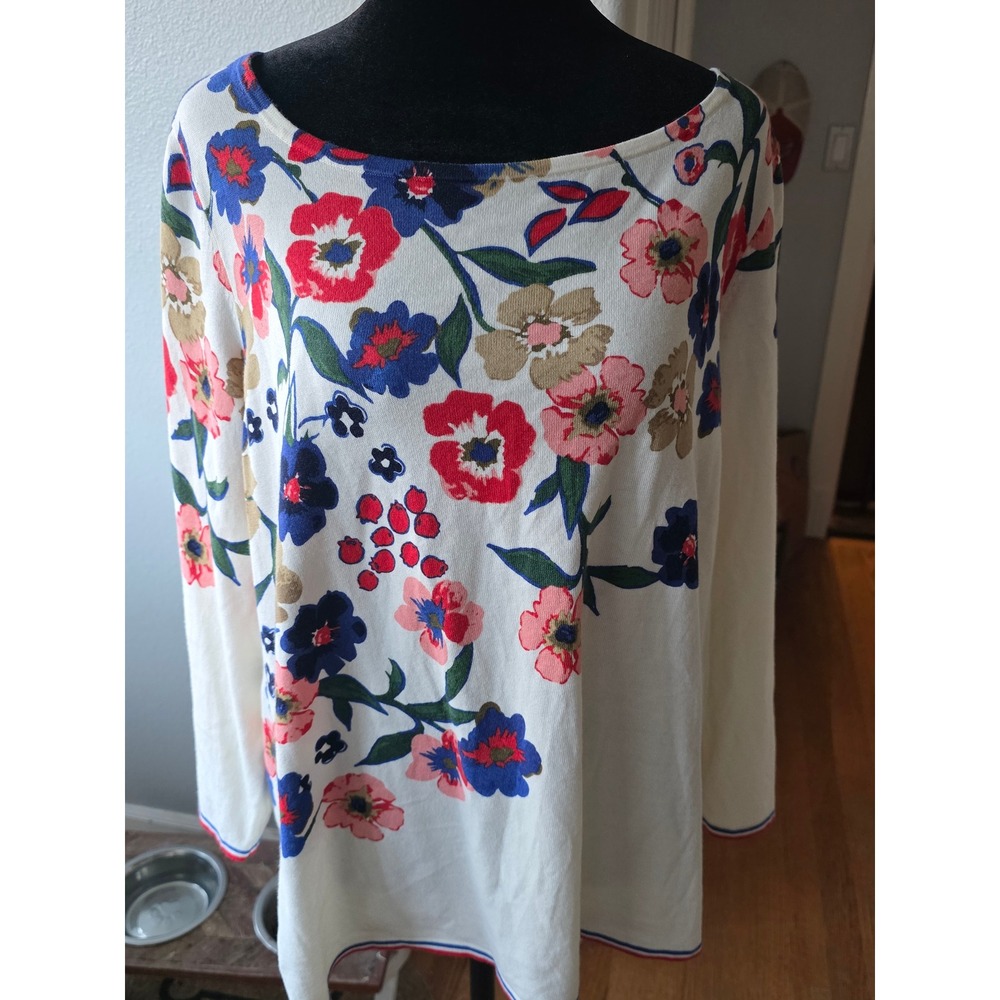Talbots Womens XL Floral Boat Neck Cotton Rayon Lightweight Sweater White Multi